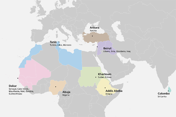 Una mappa che include Europa, Africa e Sri Lanka mostra le otto sedi degli ILO svizzeri stazionati ad Ankara, Beirut, Tunisi, Dakar, Abuja, Khartoum, Addis Abeba e Colombo.